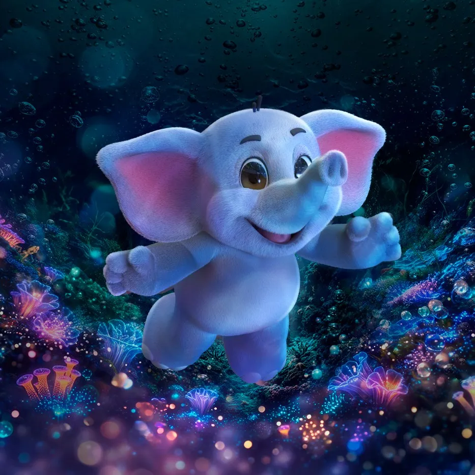 Jumbito, la mascota del Circo Kai: un elefante blanco y celeste nadando entre corales luminosos.